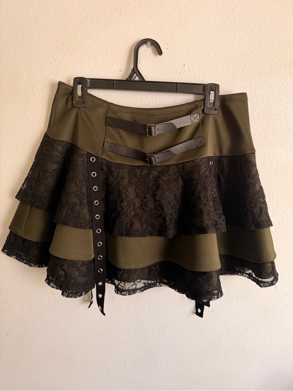 Olive Green Circle Skater Mini Skirt with Black Lace & Buckle Details